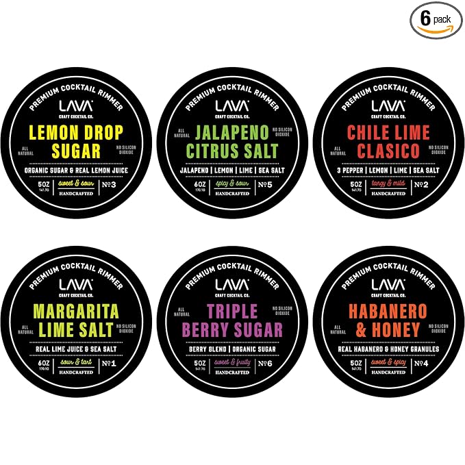 6-Pack LAVA Premium Cocktail Rimmers Variety: Jalapeno Citrus Sea Salt 6oz, Lemon Drop Sugar 5oz, Margarita Lime Sea Salt 6oz, Honey Habanero 5oz, Chile Lime Clasico 5oz, Triple Berry Sugar 5oz