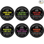6-Pack LAVA Premium Cocktail Rimmers Variety: Jalapeno Citrus Sea Salt 6oz, Lemon Drop Sugar 5oz, Margarita Lime Sea Salt 6oz, Honey Habanero 5oz, Chile Lime Clasico 5oz, Triple Berry Sugar 5oz