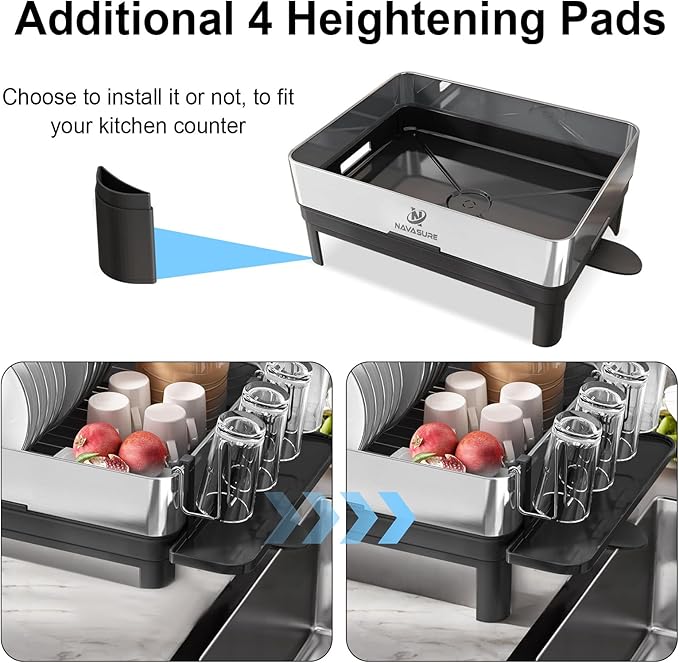 Dish Drying Rack | Stainless Steel Dish Rack for Kitchen Counter, Space Saving | Dish Drainer with Drainage & Utensil Holder | Escurridor de Platos para Fregadero (Black)