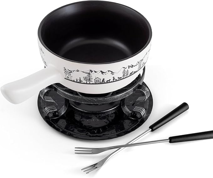 Swissmar Heidi Cheese Fondue Set - 2.8 QT / 2.65 L - Ceramic Fondue Pot with Rechaud, Fondue Burner, 6 Forks & Recipe Card - Ideal for Melting Cheese, Chocolate & Caramel - White