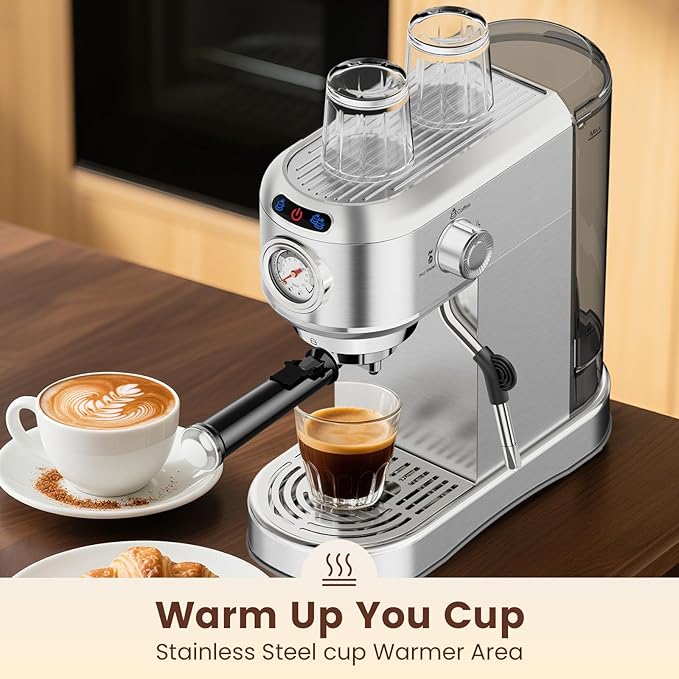 Espresso Machine 20 Bar, Compact Espresso Maker, Stainless Steel Expresso Coffee Machines with Steam Milk Frother & 34oz Removable Water Tank for Home Latte, Cappuccino, Silver