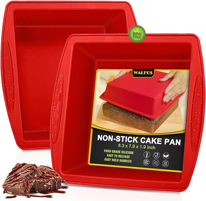 Walfos Silicone Square Cake Pan, 8 inch, Red, BPA Free, Non-Stick, Perfect for Brownies, Cakes, Bread, Pies, and Lasagna, Set of 2