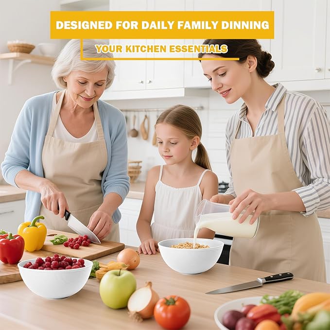 Wheat Straw Cereal Bowls 40 OZ, Unbreakable Bowls Set of 6, Microwave & Dishwasher Safe Bowl for Kitchen, Reusable Plastic Bowl for Cereal, Soup, Salad and Ramen, White