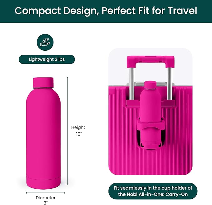 NOBL Stainless Steel Water Bottle,17 oz, 500 ml, Double Wall Vacuum Insulation, Sealed Bottle Keeps Drinks Cold 24 Hrs & Hot 12 Hrs, Leak Proof, Fits Noble Carry-On Cup Holder - Hot Pink