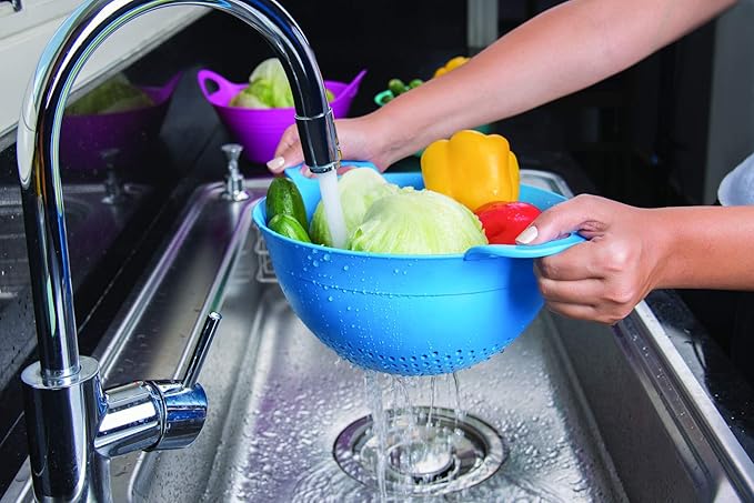 Mintra Home Plastic Strainer Colanders Set: 3, 3.5 and 5 Quart (Yellow) Double Strong Handles and Deep Bowl, Safe BPA-Free - Use for Pasta, Noodles, Spaghetti, Vegetables (Assorted Sizes 3pk)