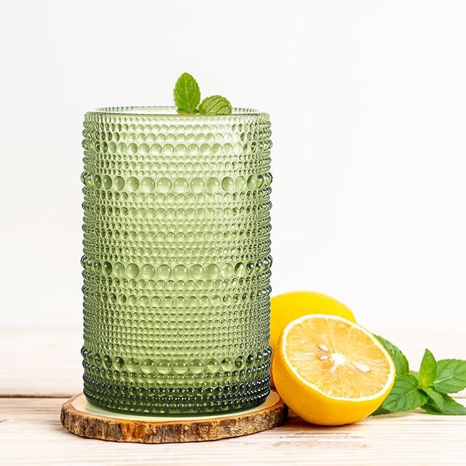 Hobnail Drinking Glasses Set of 6, Vintage Colored Glassware 14.5oz, Tall Beverage Glass Cups for Water, Juice, Cocktail (Green)