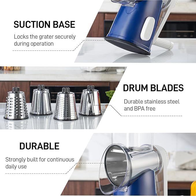 VEKAYA Cheese Grater, Cheese Grater Hand Crank, 4 Interchangeable Blades Cheese Shredder, Vegetable Slicer, Non-slip Suction Base, Easy to Clean Rotary Grater with Handle (Blue)