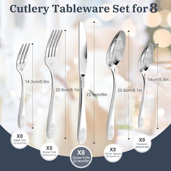 40-Piece Stainless Steel Silverware Set, Elegant Floral Engraved Cutlery Flatware Set for 8, Durable Tableware Utensil Sets Silver Include Fork Spoon Knife with Mirror Polish