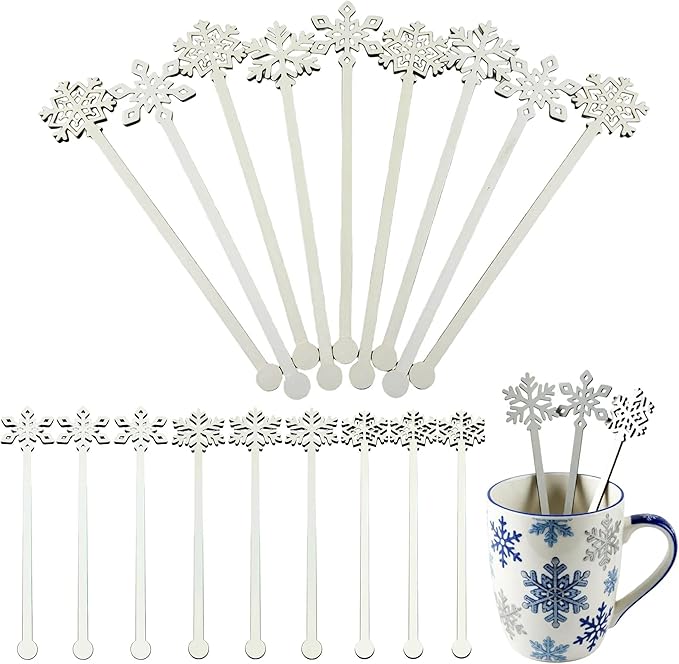 60 Pcs Snowflake Drink Stirrers Bulk, 5.9 Inch Wooden Cocktail Picks with 3 Unique Snowflake Designs, Bamboo Toothpicks for Appetizers, Coffee Bar, Beverages, Winter Christmas Party Supplies