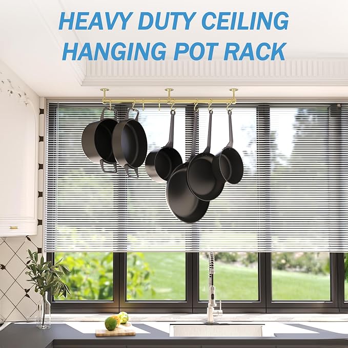 ROTHLEY Stainless Steel Hanging Pot Rack Hanger: 23.7 Inch Brass Pot and Pan Hanger Wall Mounted Hanging Pot Bar Rack Heavy Duty Pot Hangers Kitchen Rail with 8 S Hooks