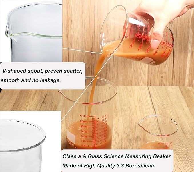 High Borosilicate Glass Measuring Cup Set-V-Shaped Spout，Includes 250ml(8OZ), 500ml(16OZ), and 1000ml(32OZ) Glass Measuring Beaker, Easy to Read
