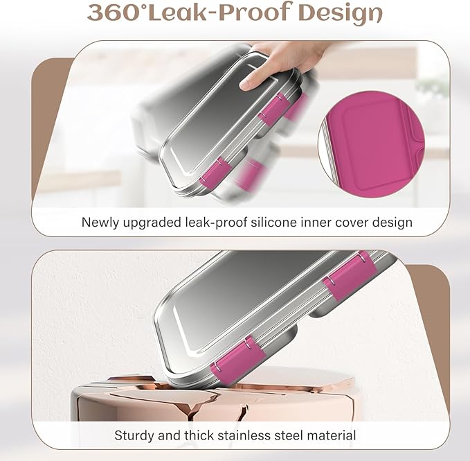 Stainless Steel Bento Box Kids, 3 Compartments Leak Proof Metal Bento Lunch Box, 304 Stainless Steel Bento Lunch Containers for School and Office,Dishwasher Safe, BPA-Free-Pink