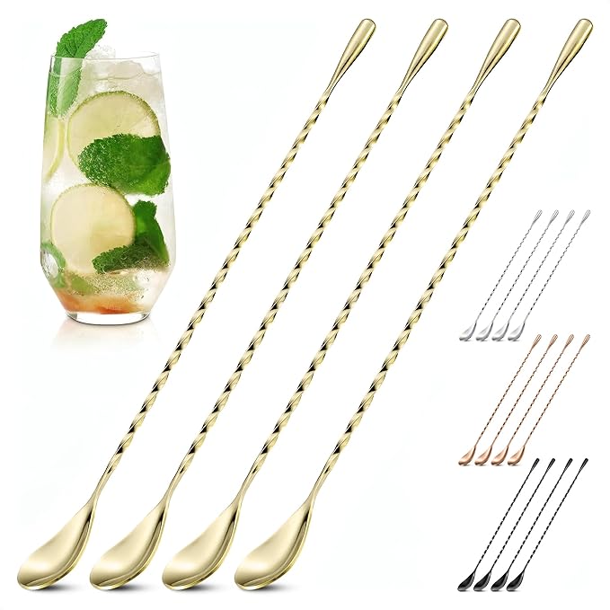 Bar Spoon Set of 4 – Gold Coffee Spoons for Pro and Home Use, Polished Stainless Steel Stirring Spoons with Twisted Spiral Handle - Cocktail Stirrers for Drinks Like Coffee, Smoothie, and Iced Tea
