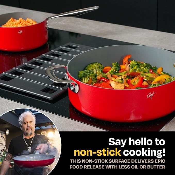Guy Fieri's Flavortown 6-Piece Ceramic Cookware Set, 8" & 10.2" Frypans, 2QT Saucepan, 3.2QT Sautépan Nonstick, Made without PFAS PTFE PFOA, Oven & Dishwasher Safe, Easy to Clean, Red