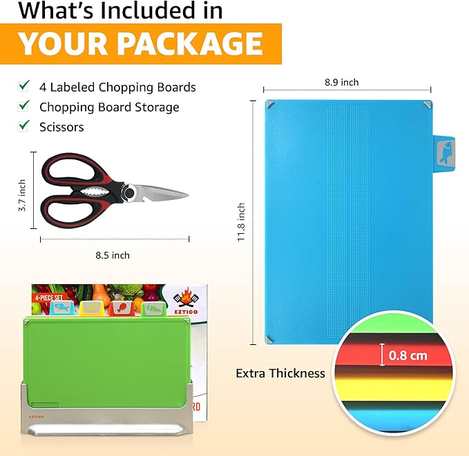 Cutting Board Set: 4-Piece Color-Coded, Non-Slip, BPA-Free, Perfect kitchen essentials for new home, Dishwasher Safe with Premium Scissors and Chopping Board Organizer, Quality kitchen stuff.