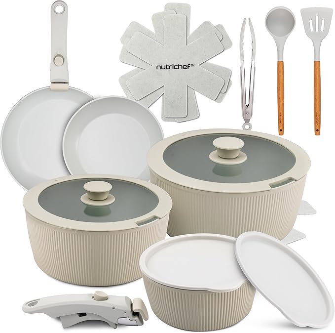 NutriChef 18-Piece Ceramic Cookware Set with Detachable Handles, Non Stick Pots and Pans, PTFE-Free Natural Ceramic Coating, Space-Saving Design, Oven & Stove Safe, Includes Utensils, Green