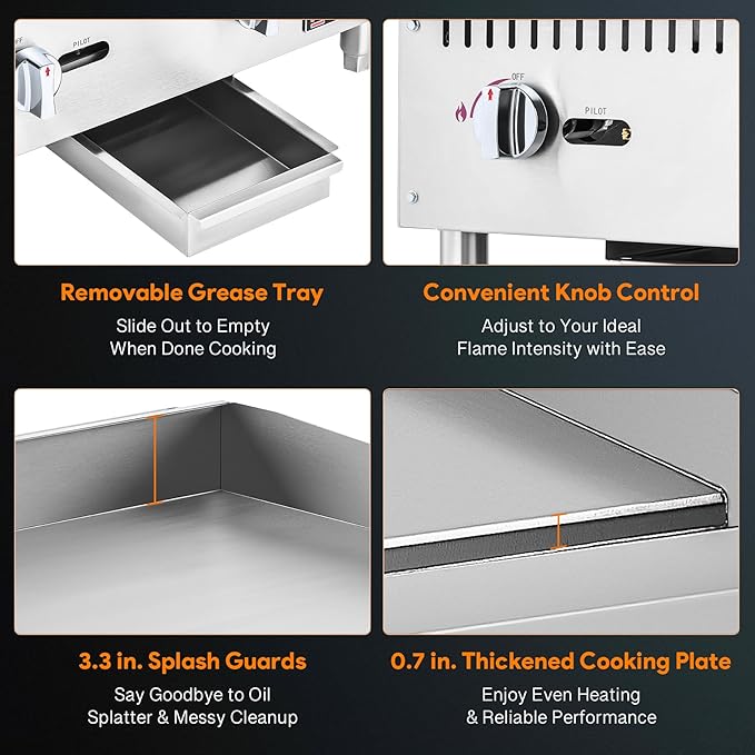 WILPREP Commercial Gas Griddle, 36 in. Gas Countertop Griddle with 3 30000 BTU U-Shaped Burners, NG LPG Compatible Flat Top Grill Hot Plate with Independent Knob Controls for Home Commercial Kitchen