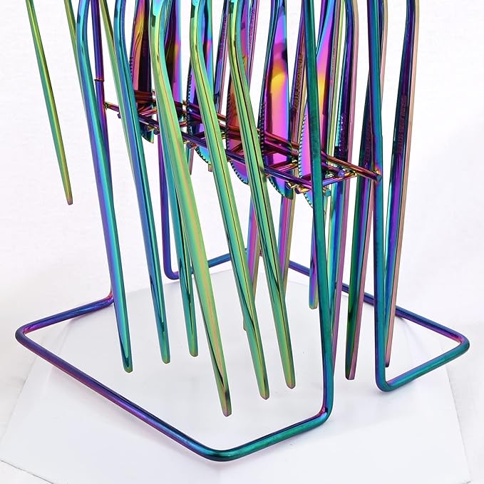 24-Piece Mirror Rainbow Cutlery Set, Snplowum Stainless Steel Flatware Hanging Tableware Silverware Set Include Knife/Fork/Spoon/Teaspoon and Storage Rack For Daily Use, Service For 6