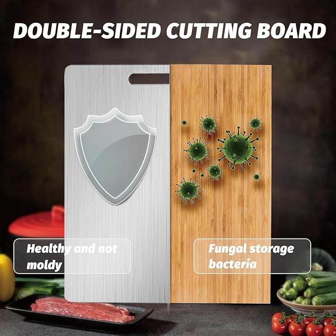 New Upgraded Titanium Cutting Board, Stainless Steel Cutting Boards For Kitche, Dishwasher Safe Double-sided Chopping Board with Peeler and Anti-slip Mat(18"L x 12"W)