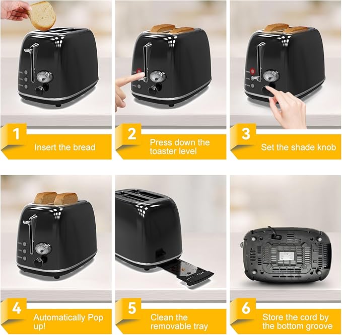Toaster 2 slice,Retro Stainless Steel Toaster with 6 Settings, 1.5 In Extra Wide Slots, Bagel/Defrost/Cancel Function, Removable Crumb Tray (Dark)