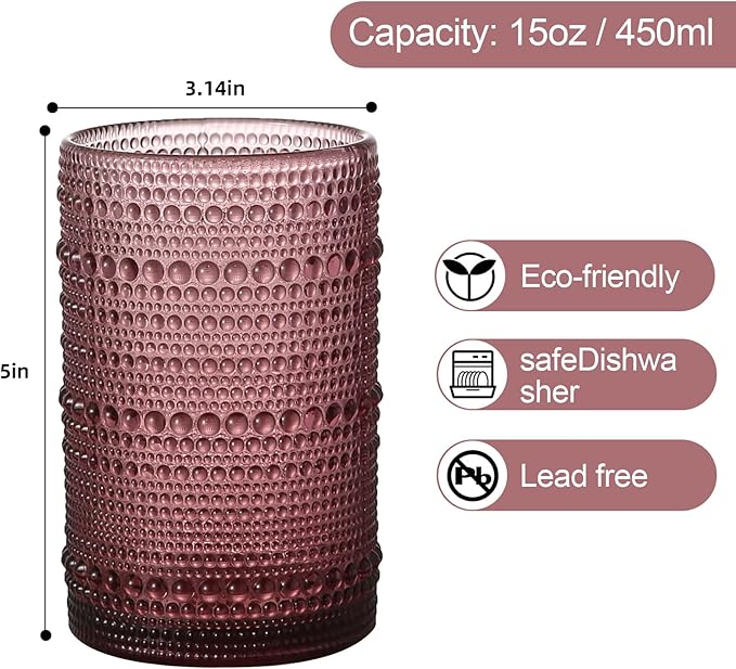 Vintage Glassware Drinking Glasses Set of 6,15 oz Hobnail Glass Cups,Embossed Purple Water Tumbler,for Beer,Cocktail,Whiskey,Juice and Various Mixed Drinks- 1 Cleaning Brush