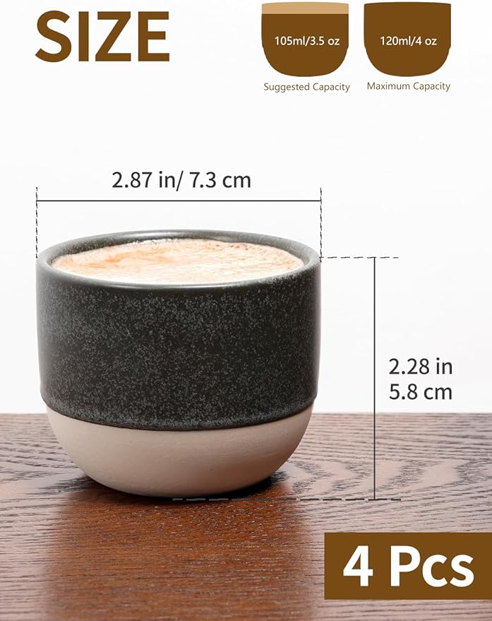 4oz Espresso Cups Set of 4, Ceramic Demitasse Coffee Cups for Espresso, Latte, Cappuccino – Two-Tone Stackable Small Mugs for Home, Cafe, Restaurant – Dishwasher & Microwave Safe