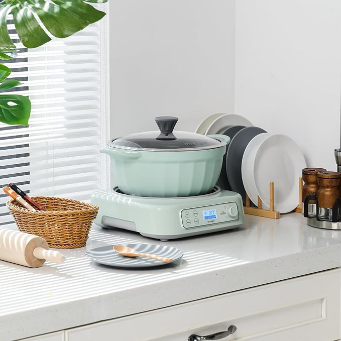 BUYDEEM 5-in-1 Slow Cooker 4.7QT with Removable Nonstick Stockpot, Compatible with Various Cookwares, Two Temperature Controls, Customized Time Settings, Auto Keep Warm for 2H, Cozy Greenish