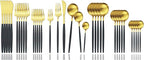 JASHII Silverware Set 36 Piece Food Grade Stainless Steel Flatware Set Fork Spoon Knife Utensils for Daily Use and Party, Service for 6 Anti Rust, Safe in Dishwasher (Matte Black handle gold)