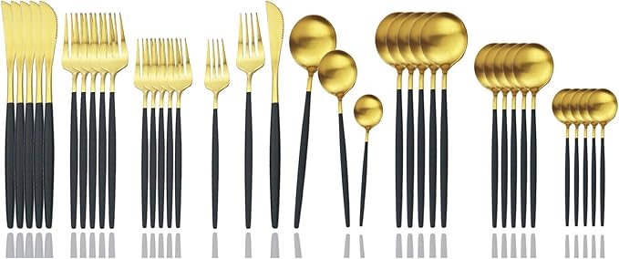 JASHII Silverware Set 36 Piece Food Grade Stainless Steel Flatware Set Fork Spoon Knife Utensils for Daily Use and Party, Service for 6 Anti Rust, Safe in Dishwasher (Matte Black handle gold)