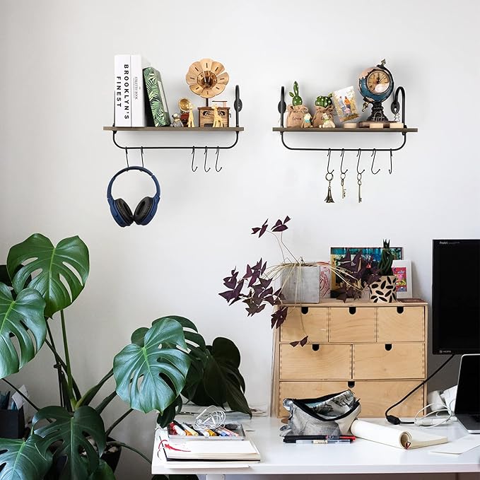 Olakee Floating Wall Shelves for Bathroom Kitchen Coffee Nook with 10 Adjustable Hooks for Mugs Cooking Utensils or Towel Rustic Storage Shelves Set of 2/17x5.9 inch (Weathered Grey)