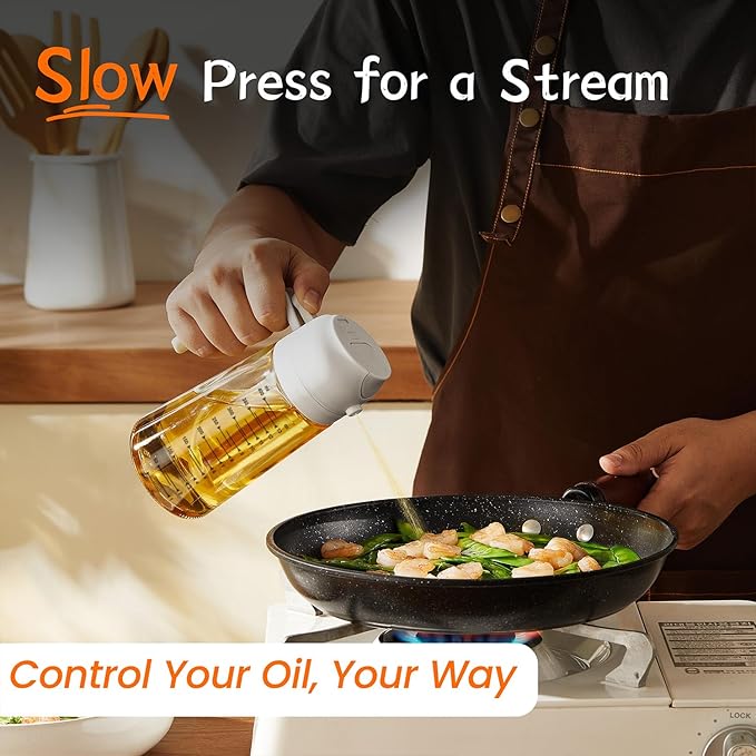 TrendPlain 16oz/470ml Glass Olive Oil Sprayer for Cooking – 2 in 1 Olive Oil Dispenser Bottle for Kitchen Gadgets and Air Fryer Accessories, Salad, BBQ - White