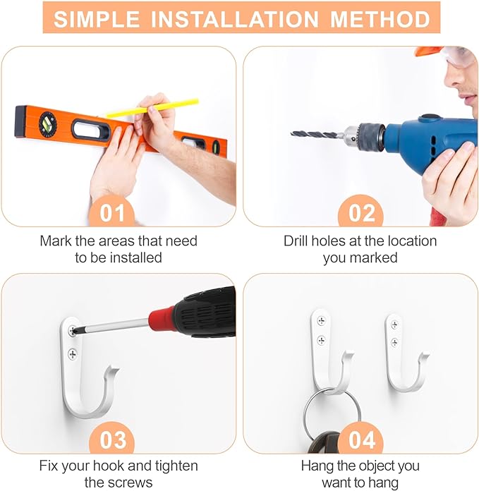 Hook for Hanging - 20PCS Hook for Hanging, Wall Hooks for Coats, Heavy Duty Single Prong Wall Hooks with 40 Pieces Screws (White)