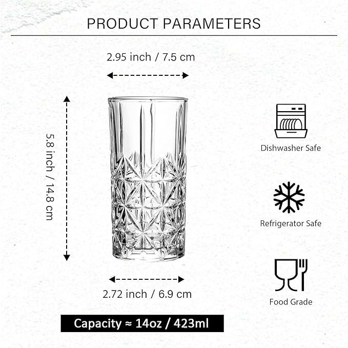 Highball Glasses - Water Glasses Set of 6-14 Ounce Collins Tall Beverage Cups Glassware for Drinks, Coctail, Water, Beer, Soda