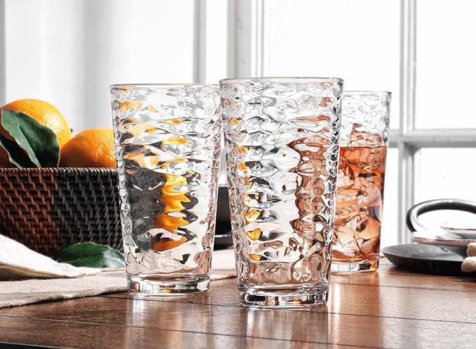 Glaver's Hammered Glass Cups. Cocktail Drinking Glasses Set of 6 Tall Kitchen Glasses, 17 oz Water Glassware For Bar, Juice, Beer, Iced Tea, Everyday Cordial Glasses Drinkware.