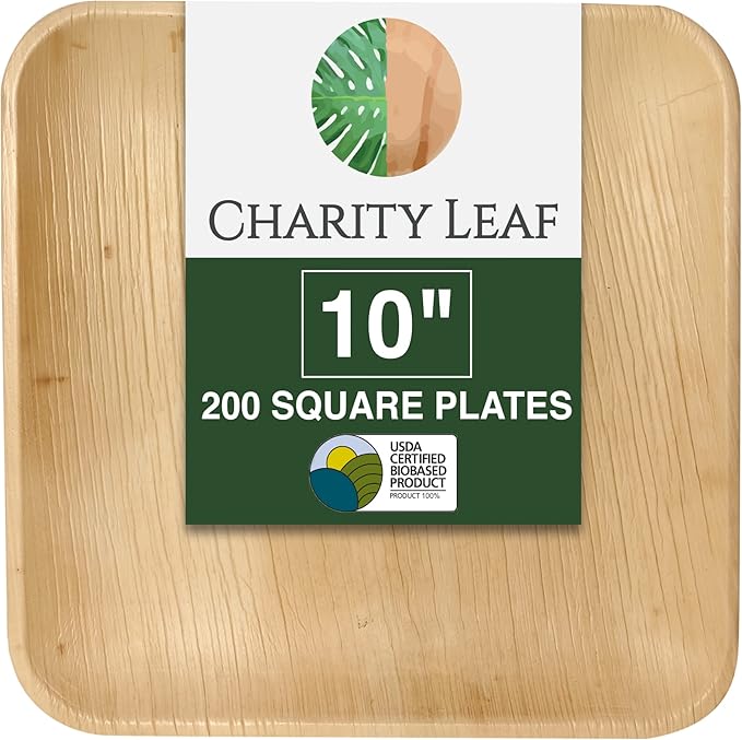 Compostable 10" Square Palm Leaf Dinner Plates (200-pack) | Premium, 100% Natural, Disposable, Heavy Duty | Perfect for Parties, Weddings & Catering Events