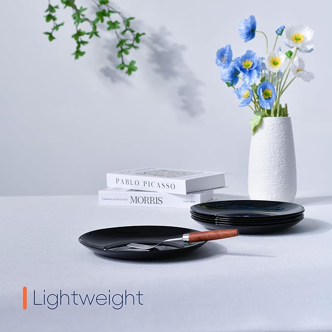 8.5 inch Salad Plate Set of 6, Lightweight Opal Glass Round Black Plates for Appetizer Dessert Kitchen, Dishwasher and Microwave Safe