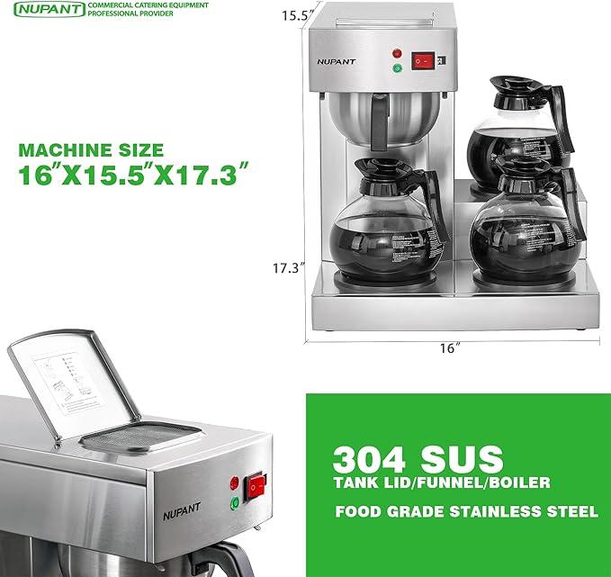 12 Cup Commercial Coffee Maker, Manual Filling Drip Coffee Maker Machine with 3 Glass Carafes 3 Warmers, Stainless Steel Pour Over Coffee Brewer with Hot Water Supply for Restaurant Office Cafe