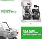 12 Cup Commercial Coffee Maker, Manual Filling Drip Coffee Maker Machine with 3 Glass Carafes 3 Warmers, Stainless Steel Pour Over Coffee Brewer with Hot Water Supply for Restaurant Office Cafe
