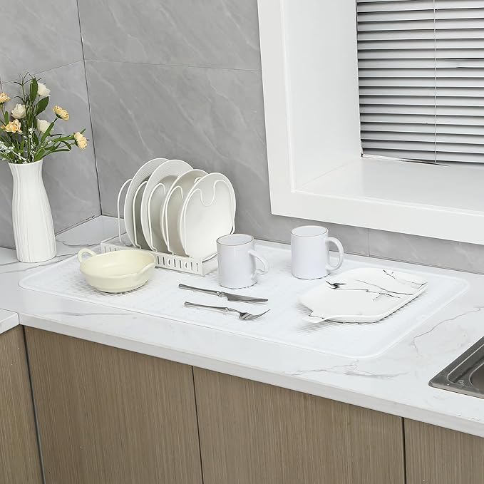 Silicone Dish Drying Mat for Multiple Usage,Easy clean,Eco-friendly,Heat-resistant Silicone Mat for Kitchen Counter or Sink,Refrigerator or Drawer Liner White 5XL 36inches x 18inches