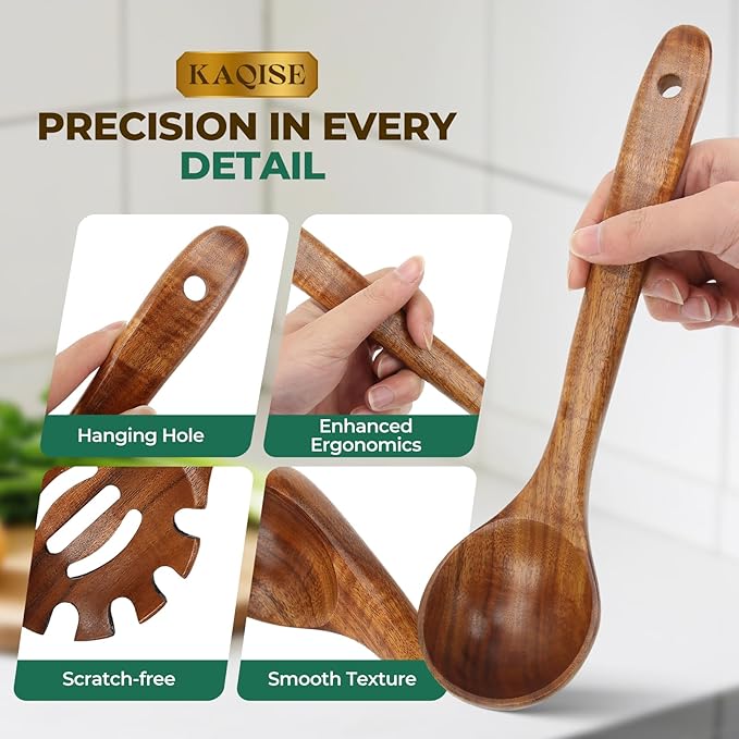 Wooden Spoons for Cooking, 2PCS Natural Teak Wooden Utensils, NonStick Kitchen Utensils Set for Stirring,Serving Spaghetti, Soup, Sauce (Ladle & Pasta Fork)