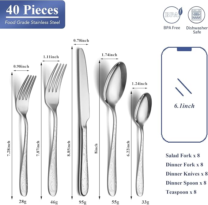 40 Piece Silverware Set Service for 8, EIUBUIE Premium Stainless Steel Cutlery Set, Mirror Polished Flatware Sets with Pattern Handle, Modern Kitchen Eating Utensils Sets Include Spoons Forks Knives