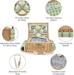 Picnic Basket for 4, Insulated Willow Picnic Baskets with Shoulder Strap, Picnic Hamper with Waterproof Picnic Blanket, Handmade Wicker Hamper for Outdoor Camping, GreenCheck