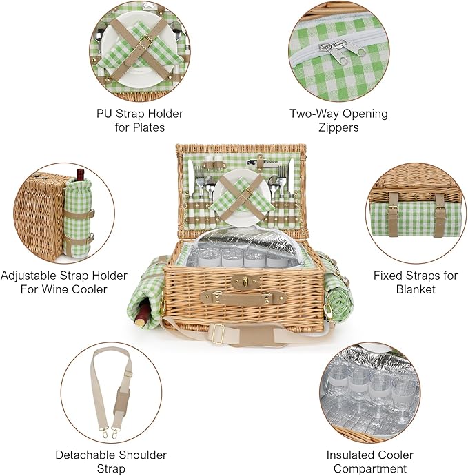 Picnic Basket for 4, Insulated Willow Picnic Baskets with Shoulder Strap, Picnic Hamper with Waterproof Picnic Blanket, Handmade Wicker Hamper for Outdoor Camping, GreenCheck