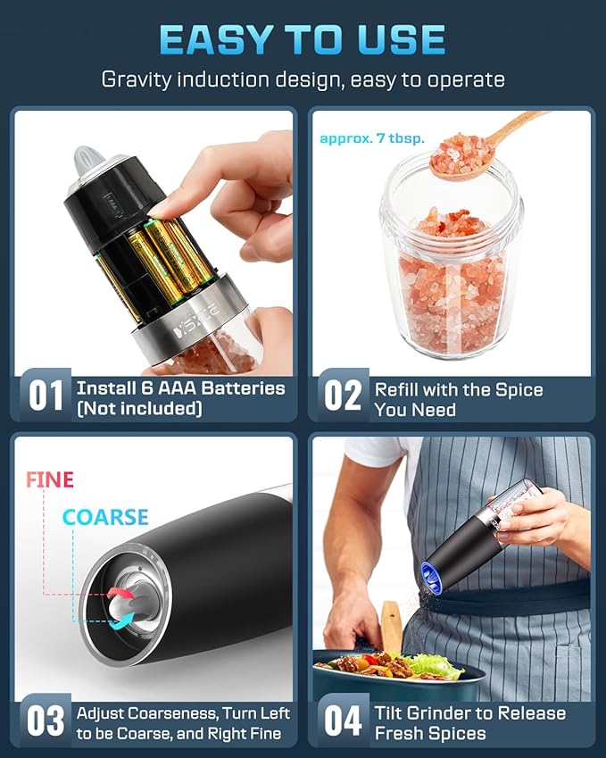 XinXu Gravity Automatic Electric Pepper and Salt Grinder, Auto Salt or Pepper Mill Shaker Stainless Steel,Blue LED Light,One Hand Operated, Black