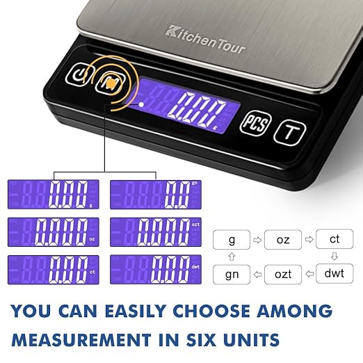 KitchenTour Digital Kitchen Scale - 500g/0.01g High Accuracy Precision Multifunction Food Meat Scale Small Scale Jewelry Lab Carat Powder Scale with Back-Lit LCD Display(Batteries Included)
