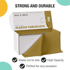 Exquisite Party Solids 54 Inch X 100 Feet Gold Plastic Table Cover Roll in A Cut - to - Size Box with Convenient Slide Cutter. Cuts Up to 12 Rectangle 8 Feet Plastic Disposable Tablecloths