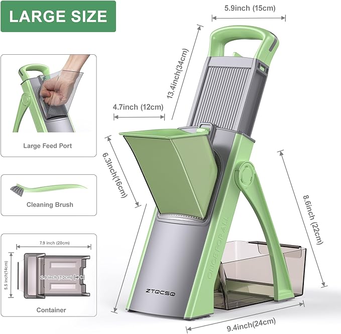 2025 [All in 1] Upgraded Version Safe Mandoline Slicer for Kitchen, Adjustable Thickness. Detachable Blade, Veggie Slicer, Rapid Prep Mandoline, with Cleaning Brush/Paring Knife (MatchaGreen)