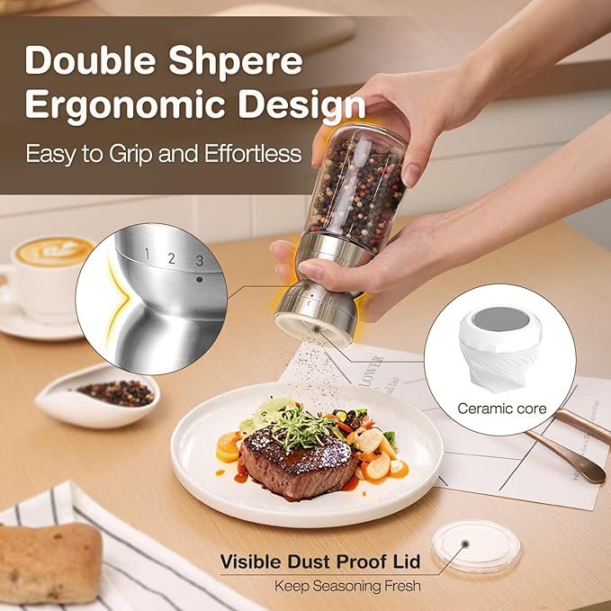 Vucchini Pepper Grinder Salt Grinder Manual - External Adjustable Coarseness with 6 Settings Stainless Steel Spice Grinder Mill Ceramic Burr Large Capacity 9 oz Ideal for Kitchen