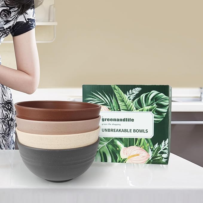 greenandlife 24oz/4PCS Wheat Straw Cereal Bowls, Lightweight Unbreakable Noodle Fruit Soup Rice Bowls Dishwasher Microwave Safe Bowl Sets, Non-toxin, BPA Free, Earth Tone