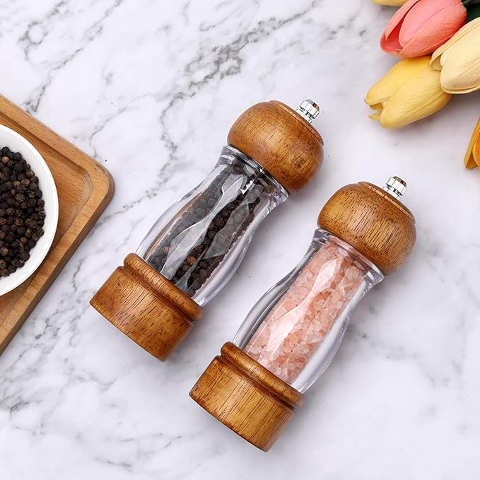 2 Pcs Vintage Wooden Pepper Mill Grinder Set with Base - 6.3 inches Acrylic Salt & Pepper Shakers with Adjustable Coarseness, Refillable Manual Ceramic Core Grinder for Kitchen, Home, Gift